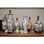 FIVE ORIENTAL PORCELAIN TABLE LAMPS AND A VASE, some converted, baluster vase decorated with flowers