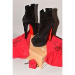 A PAIR OF CHRISTIAN LOUBOUTIN LADIES BLACK SUEDE ANKLE BOOTS, (Fierce 160 Veau Velours), size 39,