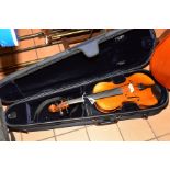A MODERN VERACINI VIOLIN with a two piece back and a modern case