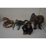 FOUR MODERN LIFE SIZE FIGURES, of a baby Chimpanzee, Baboon, Iguana Lizard (s.d.) and a Rattle Snake