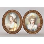 A PAIR OF PASTEL STUDIES OF FEMALE BEAUTIES WEARING LATE 18TH CENTURY DRESS, unsigned, oval