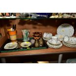A GROUP OF ART DECO AND OTHER CERAMICS AND A 1930'S FOIL BACKED GLASS TRAY, etc, the ceramics