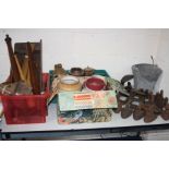 A GALVANISED BUCKET CONTAINING VARIOUS CAST IRONS, together with two boxes of various stoneware jars