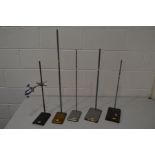 FIVE VARIOUS METAL TEST TUBE HOLDERS/STANDS, (5)