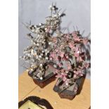 A PAIR OF DECORATIVE JAPANESE TREES, one having rose quartz petals, the second having quartz petals,