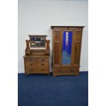 AN EARLY 20TH CENTURY OAK ART NOUVEAU TWO PIECE BEDROOM SUITE, comprising a single bevelled mirror