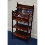 A MODERN MAHOGANY HALL STAND, with a gallery and mirror top, single drawer and shelves, width 51cm x