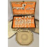 TWO SILVER PLATED GALLERY TRAYS, another tray and a mid to late 20th Century card cased canteen of