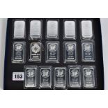 FIFTEEN SILVER OUNCE BARS, to include eleven sunshine minting bars and two Asahi refining bars