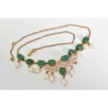 AN EMERALD AND PEARL FRINGE NECKLET, oval cabochon cut emeralds measuring approximately 9mm x 6mm to