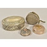 FOUR VARIOUS WHITE METAL/SILVER BOXES, comprising an oval box with hinged lid, stamped 800 to the