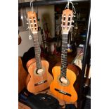 A SQUIER MC1 CLASSICAL GUITAR and a Encore ENC36N classical guitar (damage to bridge) and two soft