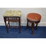 A LATE 19TH CENTURY MAHOGANY PIANO STOOL, with a tapestry top, together with an Edwardian swivel top