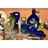 A GROUP OF LATE GEORGIAN, VICTORIAN AND 20TH CENTURY GLASSWARE, including a blue glass rolling