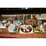 SEVEN BOXES OF CERAMICS, GLASSWARE, OS MAPS, ETC, including Christmas ornament and boxed Christmas