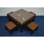 A MODERN ORIENTAL SQUARE COFFEE TABLE, with shibayama detail, two drawers and a glass top, 81cm
