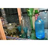 A GROUP OF MOSTLY VICTORIAN GLASSWARE, including Apothecary interest etc, a Wrythen glass funnel,