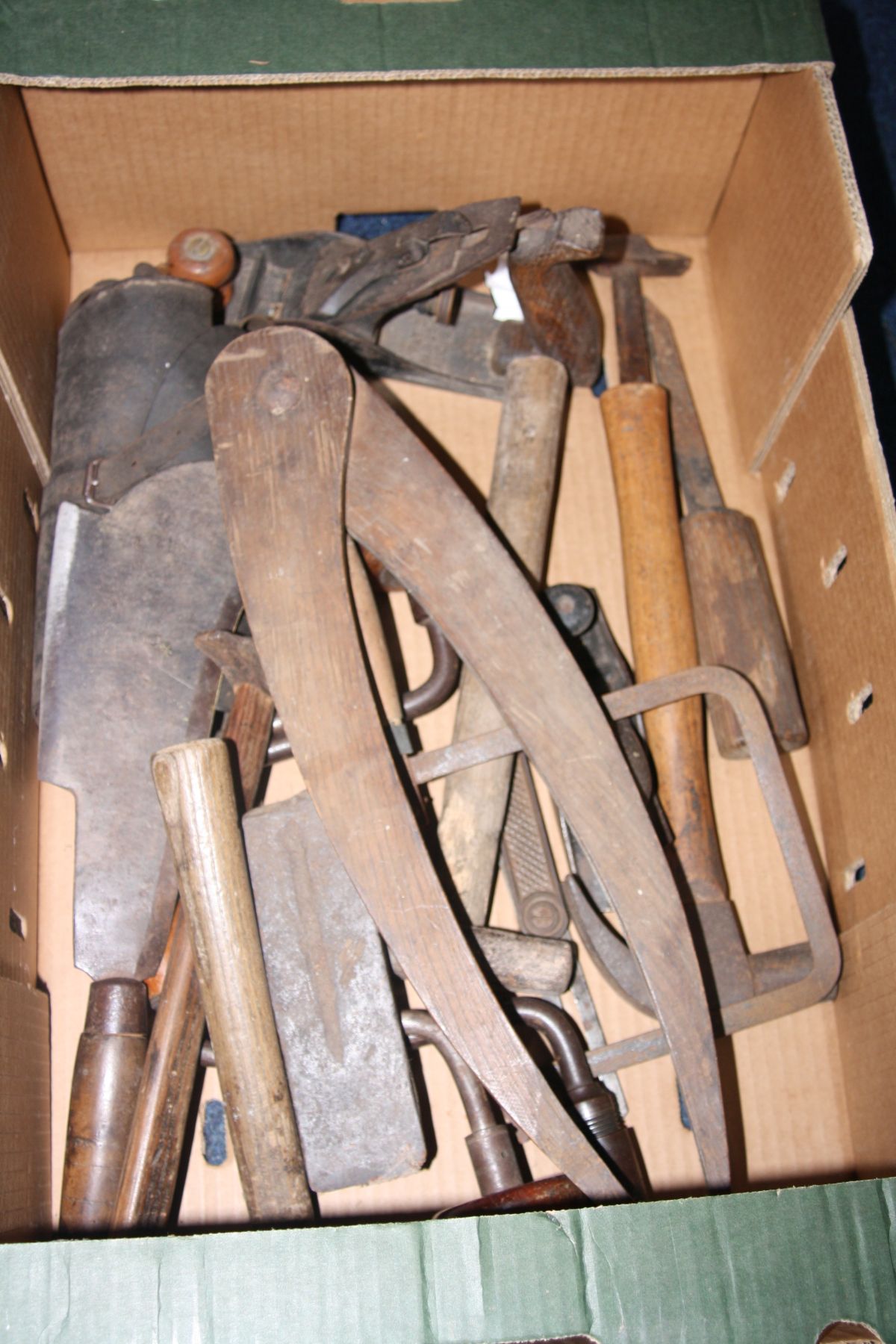 FIVE BOXES OF VARIOUS HAND TOOLS, to include planes, saws, hand sythes, files, chizels, hammers, - Image 7 of 14