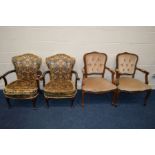 A PAIR OF 1940'S DARK OAK ARMCHAIRS, together with a pair of French style armchairs (the two