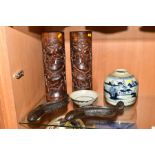 A CHINESE PORCELAIN BLUE AND WHITE FOOTED BOWL, with primitive designs, approximate diameter 13cm