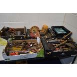 FIVE BOXES OF VARIOUS MISCELLANEOUS, containing a quantity of various vintage hand tools,