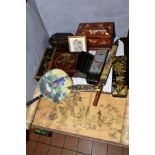 JAPANESE BOXES, etc, to include a black casket with red and gold decoration, hinges broken, three