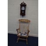A BEECH SPINDLED ROCKING CHAIR, together with a modern wall clock (2)
