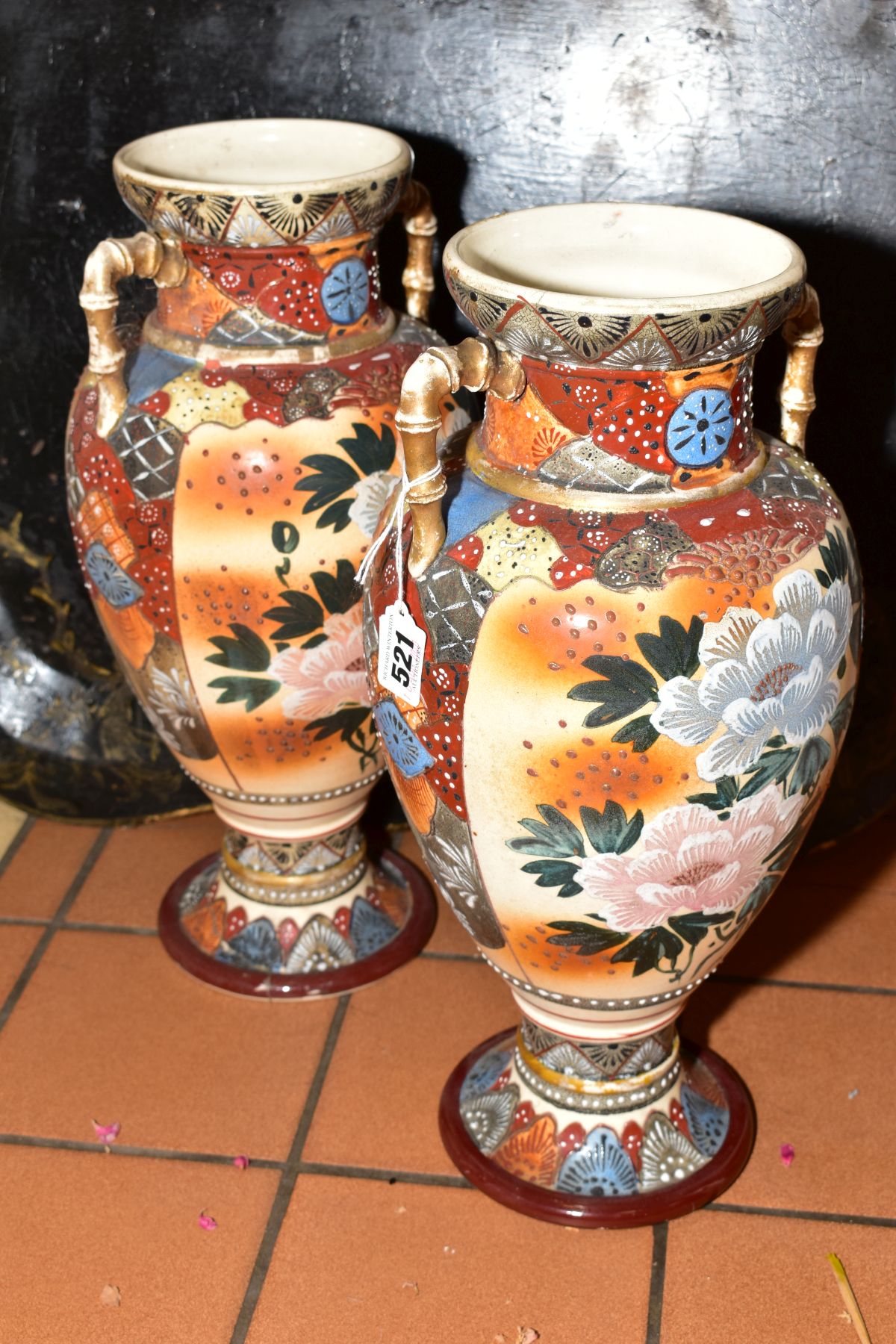 A PAIR OF SATSUMA TWIN HANDLED VASES, floral design, approximate height 39cm, (one with hairline, - Image 4 of 12