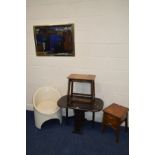 AN OAK DROP LEAF OCCASIONAL TABLE, together with an oak occasional table, a small oak parquetry