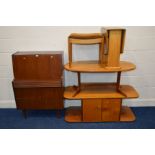 A 1970'S TEAK REED FRONTED BUREAU, with three drawers, together with a teak oval coffee table, a