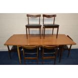 A 1970'S/80'S TEAK FINISH EXTENDING DINING TABLE, one additional fold out leaf, extended length