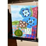 A MODERNIST STYLE STUDY OF FLOWERS AND FRUIT IN THE STYLE OF MARY FEDDEN, oil on canvas, bears