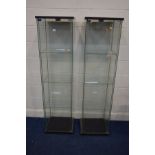 A PAIR OF MODERN GLASS DISPLAY CABINETS, with triple glass shelves, width 43cm x depth 37cm x height