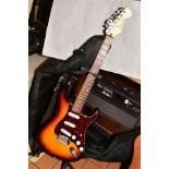 A MEXICAN FENDER STRATOCASTER ELECTRIC GUITAR, with tobacco sunburst finish, tortoise shell
