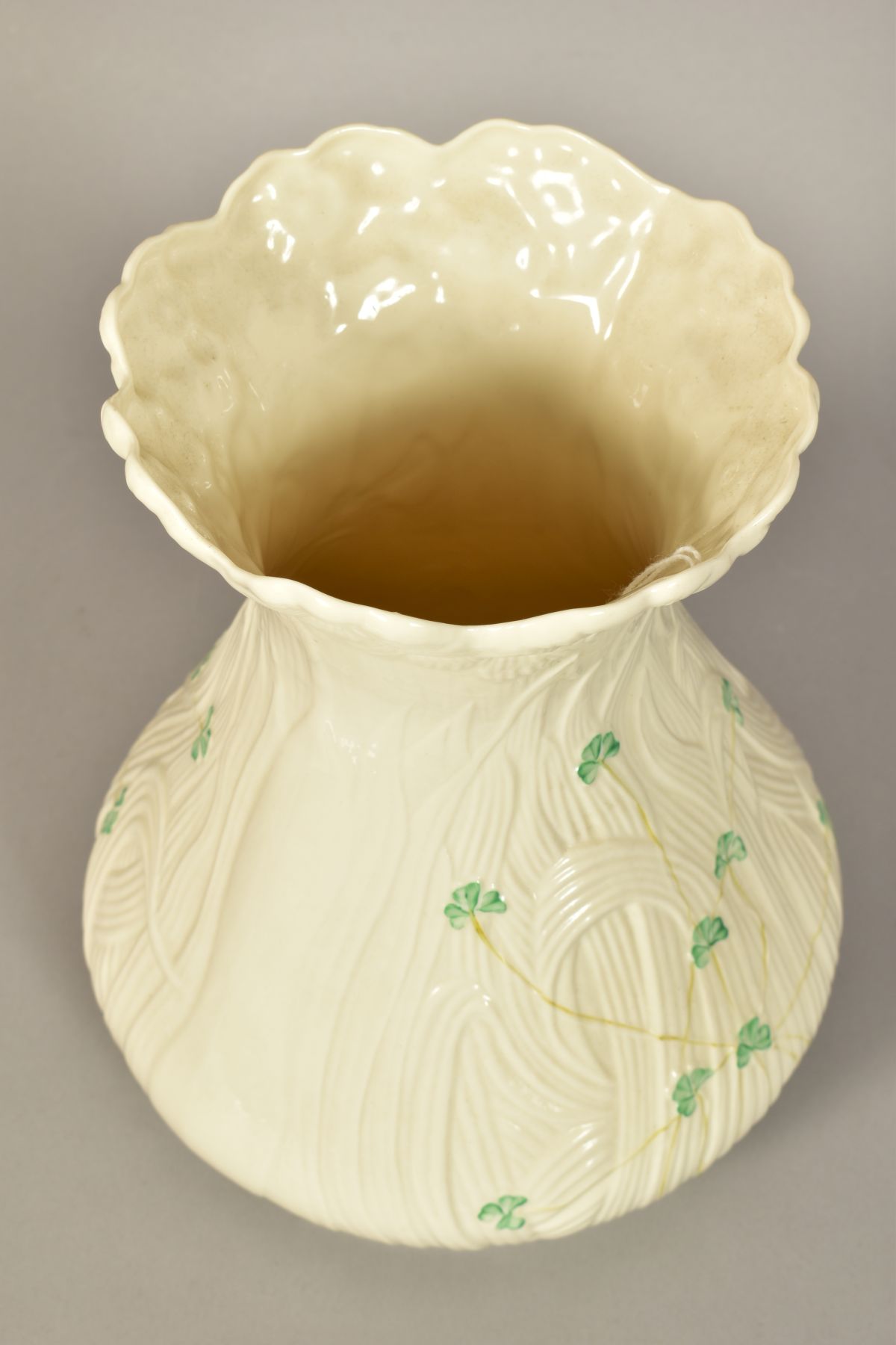 A LARGE BELLEEK VASE, decorate with shamrock, foliage and flowers, blue factory mark to base, - Image 5 of 8