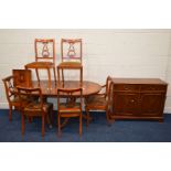 A MODERN CHERRYWOOD TWIN HANDLED PEDESTAL DINING TABLE, one additional leaf, extended length 210cm x