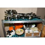 A QUANTITY OF MODERN KITCHENALIA IN ONE BOX AND LOOSE, including Next mugs, Prestige saucepans,