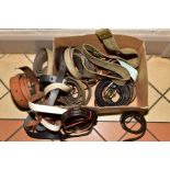 A BOX OF ASSORTED LEATHER BELTS, together with a canvas military style webbing belt