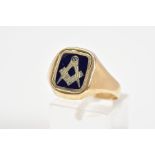 A 9CT GOLD MASONIC RING, designed with a square swivel panel with Masonic emblem finished with