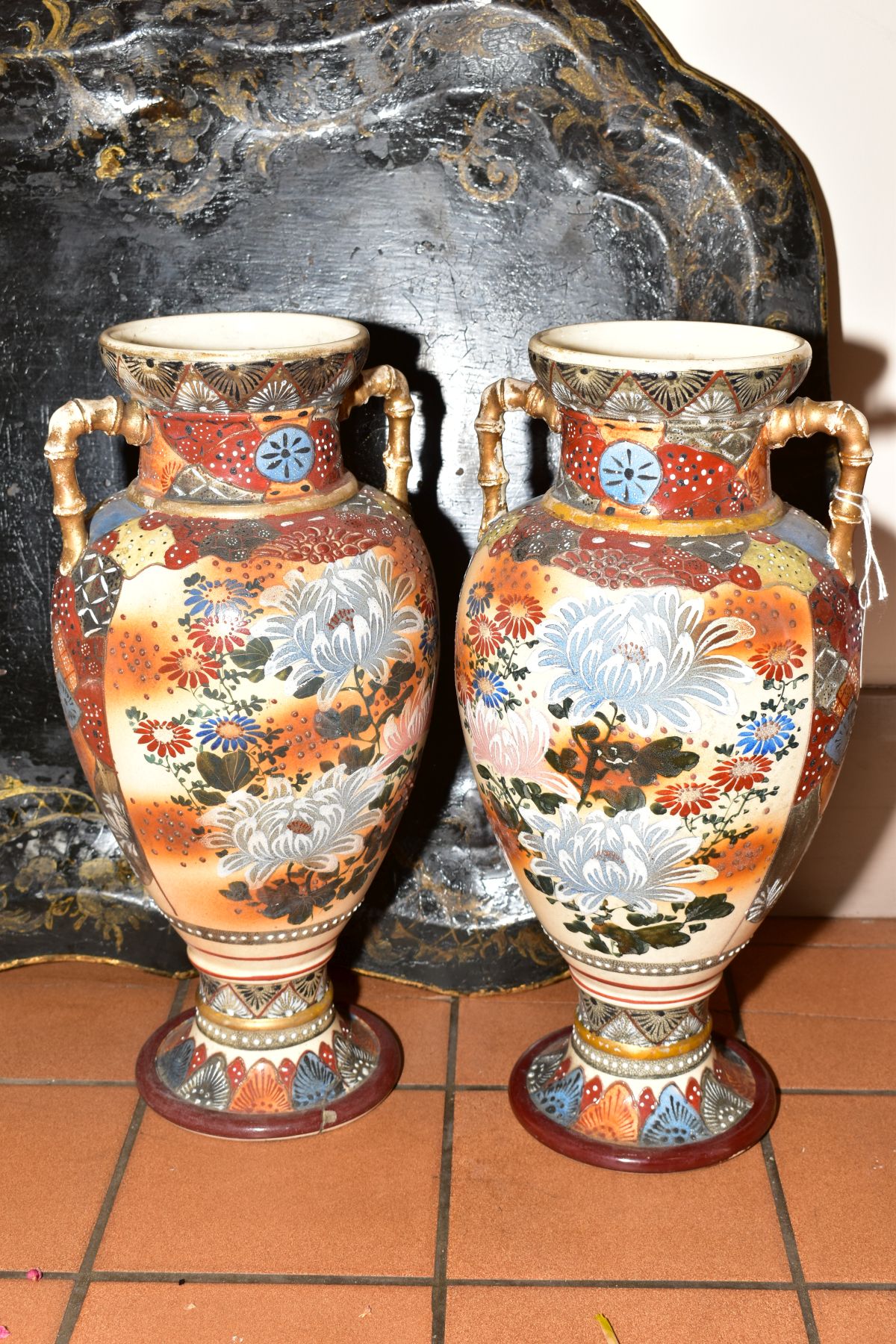 A PAIR OF SATSUMA TWIN HANDLED VASES, floral design, approximate height 39cm, (one with hairline, - Image 5 of 12