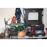 A COLLECTION OF HAND TOOLS AND MISCELLANEOUS, to include two plastic Stanley work horses, a manual
