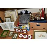 THREE BOXES OF PICTURES, COASTERS AND PLACE MATS, candleholders, ladies bags, shoes, scarves, hat