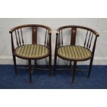 A PAIR OF EDWARDIAN MAHOGANY ARMCHAIRS, with arched back above a single splat and turned spindles