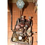 ASSORTED METALWARES, etc, to include a pair of bronzed patinated oriental metal vases, height