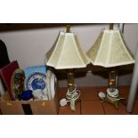 A PAIR OF GLASS COLUMN TABLE LAMPS, together with a box of ceramics, shells etc (Royal Doulton