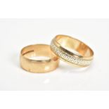 TWO 9CT GOLD WEDDING BANDS, the first a plain polished band, with a 9ct hallmark for London, ring