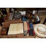 FOUR BOXES AND LOOSE SUNDRY ITEMS, to include an oak three tier cake stand, wall mirror, pressed