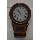 AN EDWARDIAN MAHOGANY DROP DIAL WALL CLOCK, (winding key and pendulum)