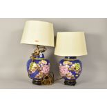 A PAIR OF 20TH CENTURY CLOISONNE GINGER JAR TABLE LAMPS, blue ground with peonies and foliage, cream