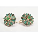A PAIR OF EMERALD ROUND STUD EARRINGS, a round cluster measuring approximately 17mm in diameter,
